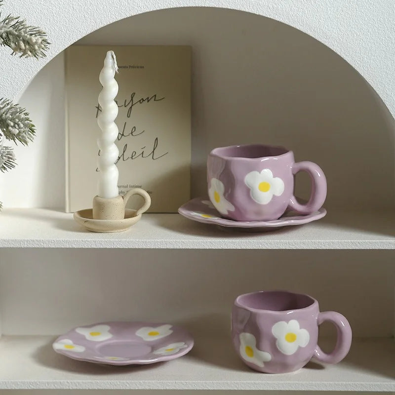 340ML Hand-painted Flower Love heart Ceramic Coffee Cup with Saucer Home Office Water Cup Breakfast Milk Juice Teacup Gift Set