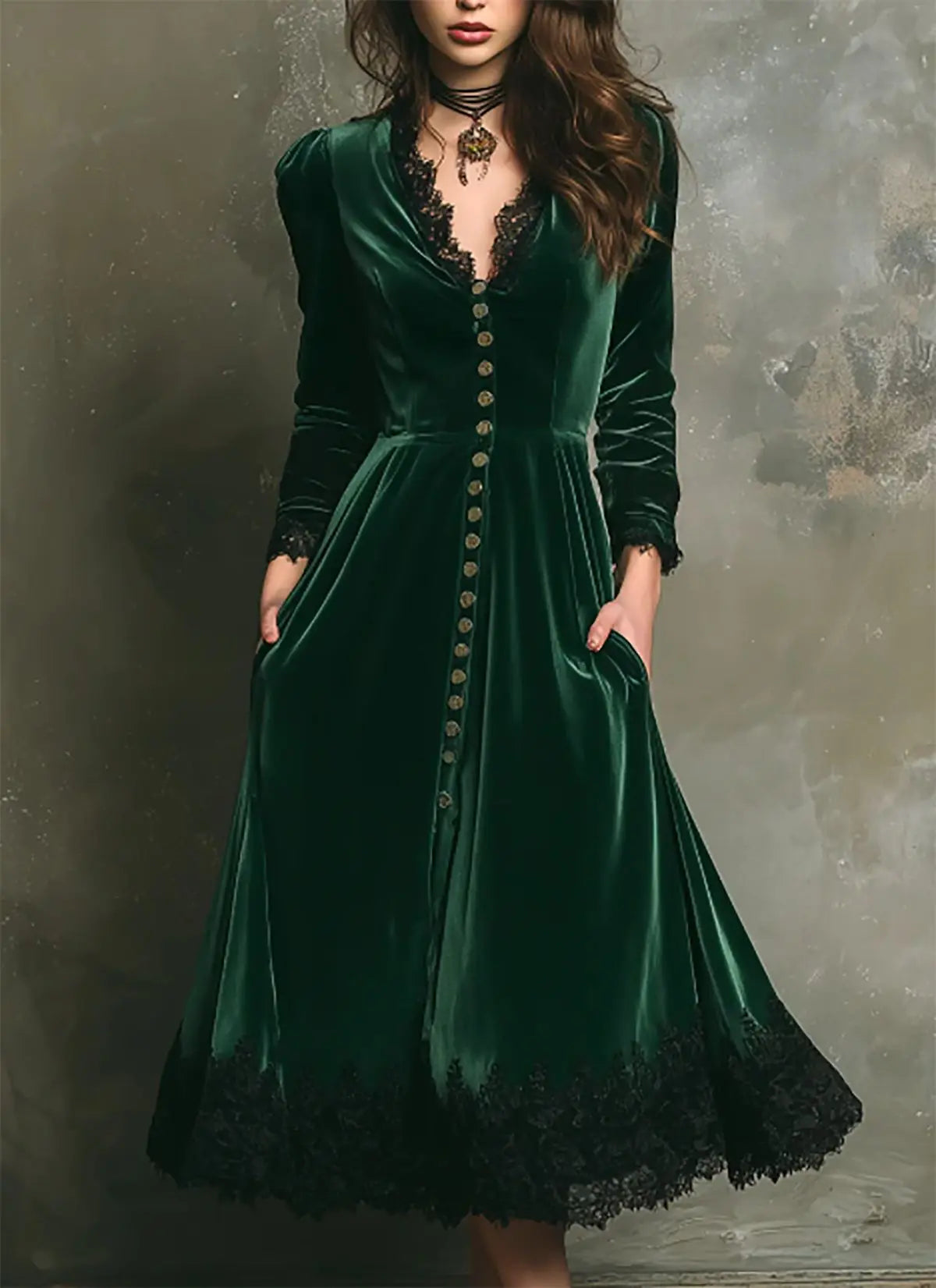 Women's Vintage Gothic Velvet Dress Solid Long Sleeves V Neck Button Lace Trim Midi Dress Pockets Elegant Party Evening Dresses