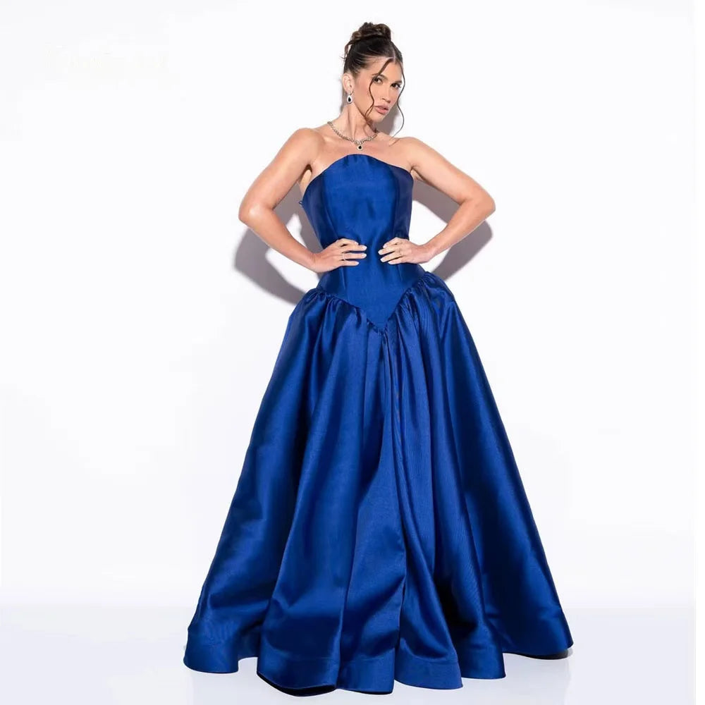 Toofgon Classical Royal Blue Satin Prom Dresses Long A Line Formal Dresses Women Drop Waist Corset Vestidos De Noite Customized