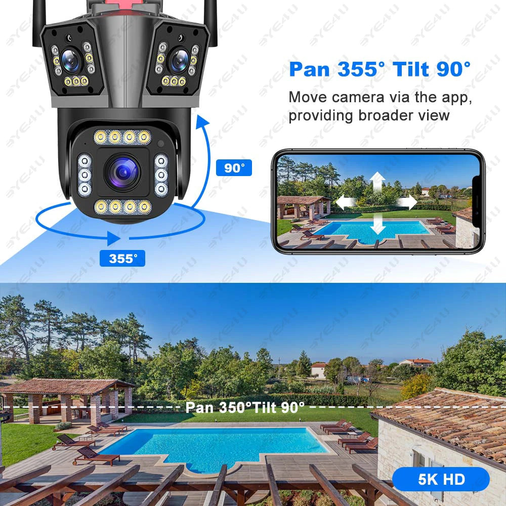 4K Dual Lens Camera Outdoor 10X Zoom PTZ 5K Triple Lens Security Cameras Auto Tracking 8K Four Lens Video Surveillance Webcam