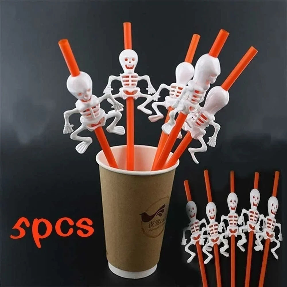 5Pcs Halloween Straws Home Party Halloween Decoration Holiday Bar Party Decoration Halloween Cartoon Skull/pumpkin Straws