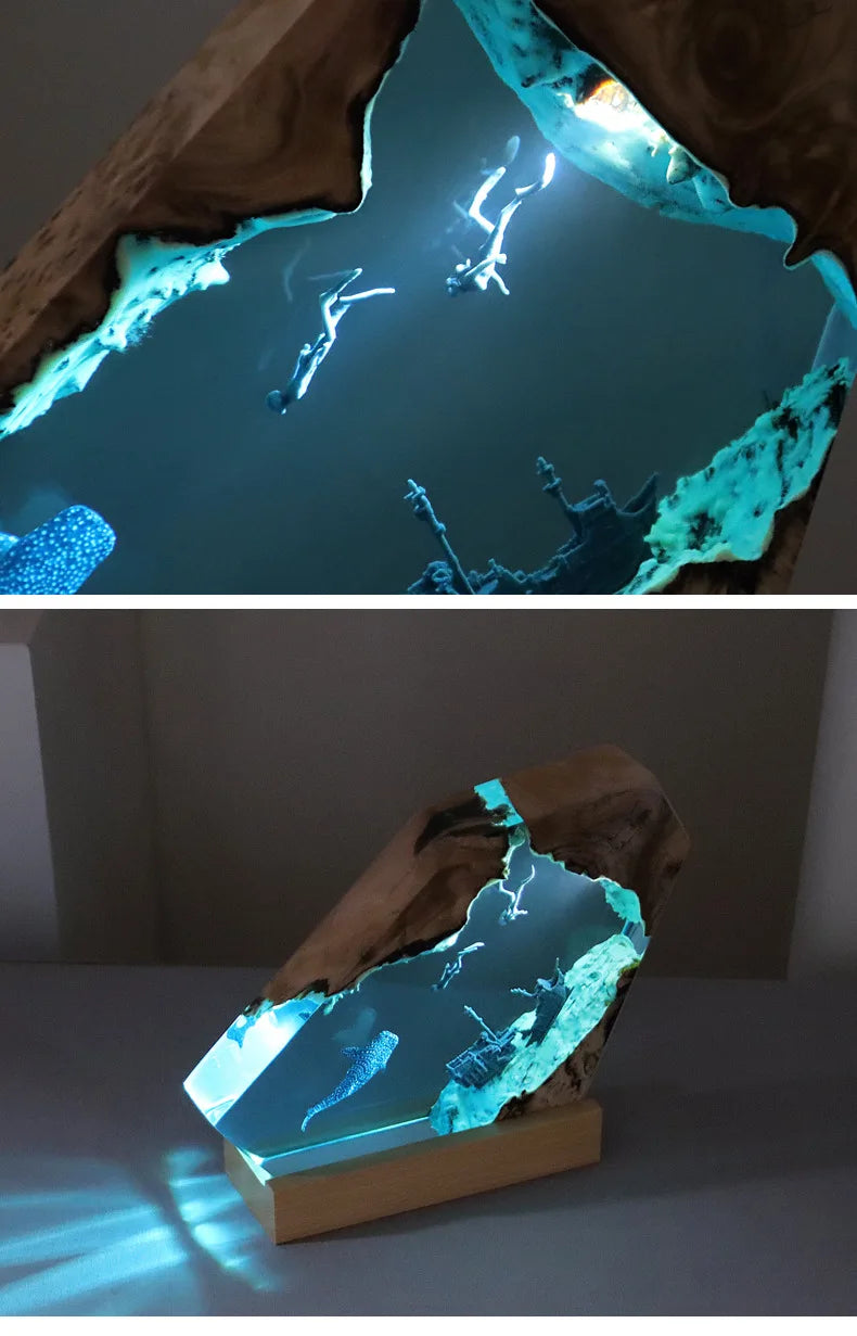 New Creative Indoor Bedroom Office Table Decoration Accents Ocean Art Crafts Luminous Tabletop Lamp Epoxy Resin Night Light Gift