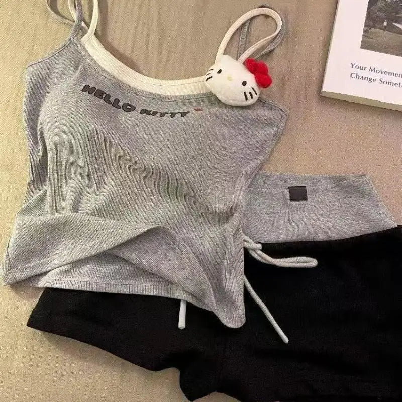 2Pcs Kitty  Women's Pajamas set shorts Cartoon Home Clothing Sling Y2K Sweet Summer Cool Chest Pad Vest Shorts Korean Clothes