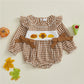 Autumn Baby Girl Thanksgiving Romper Bows Pumpkin Turkey Embroideried Plaid Ruffled Trim Crew Neck Long Sleeve Jumpsuit