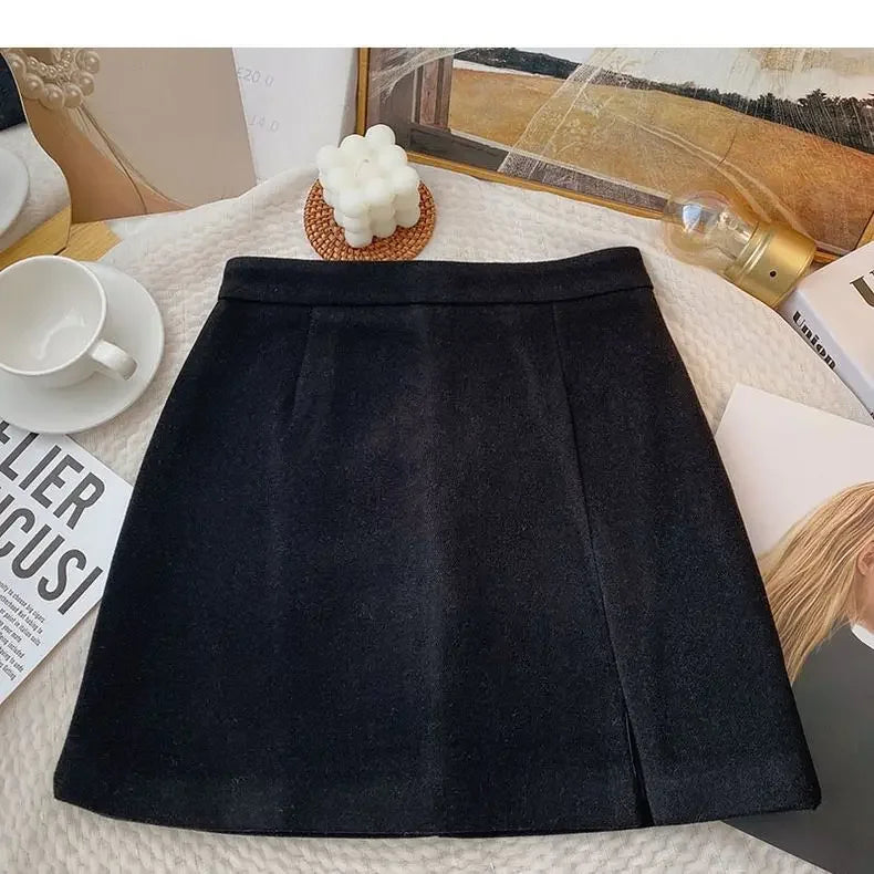 Woolen Mini Skirts Women S-5XL Slim Hip Wrap Side Slit A-line Autumn Winter Solid All-match Female Plus Size Graceful Vintage
