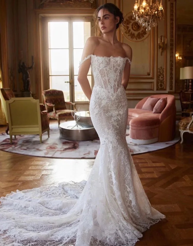 Luxury Fishtail Dress Elegant Church Train Wedding Dress Off Shoulder Wedding Dress Lace Wedding Dress