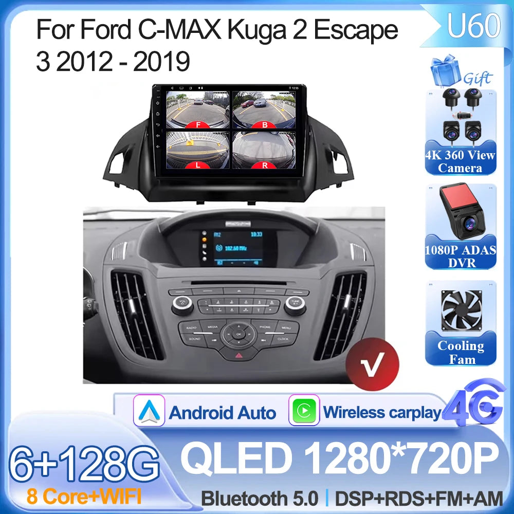 For Ford C-MAX Kuga 2 Escape 3 2012 - 2019 Android 15 Car Radio Multimedia Video Player Navigation Carplay Auto BT 2DIN DVD 5G