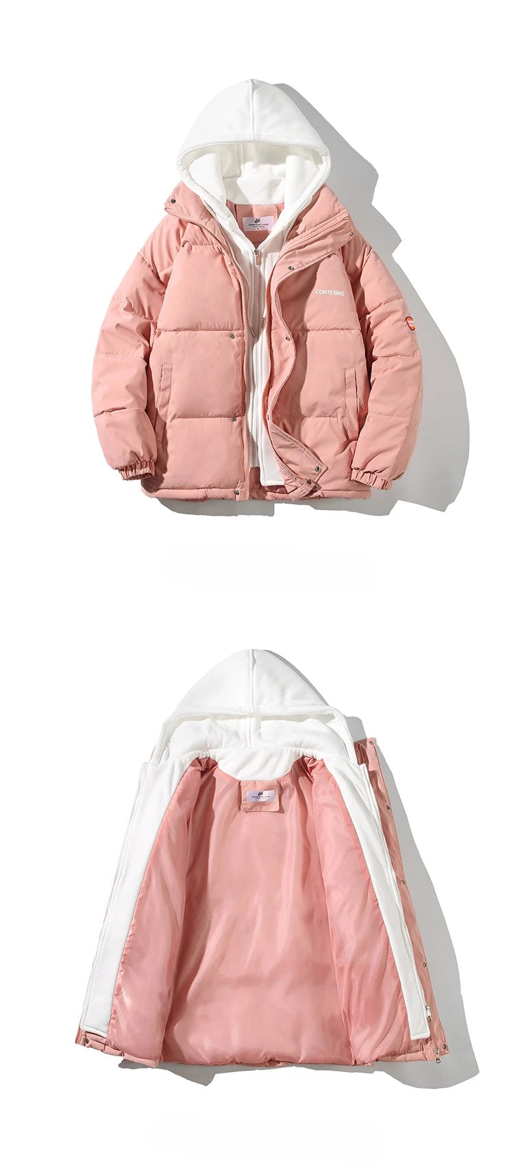 Women Casual All-match Long Sleeve Single Breasted Simple Hooded Parkas 2023 Winter Fake Two Piece Warm Jacket Solid Coat