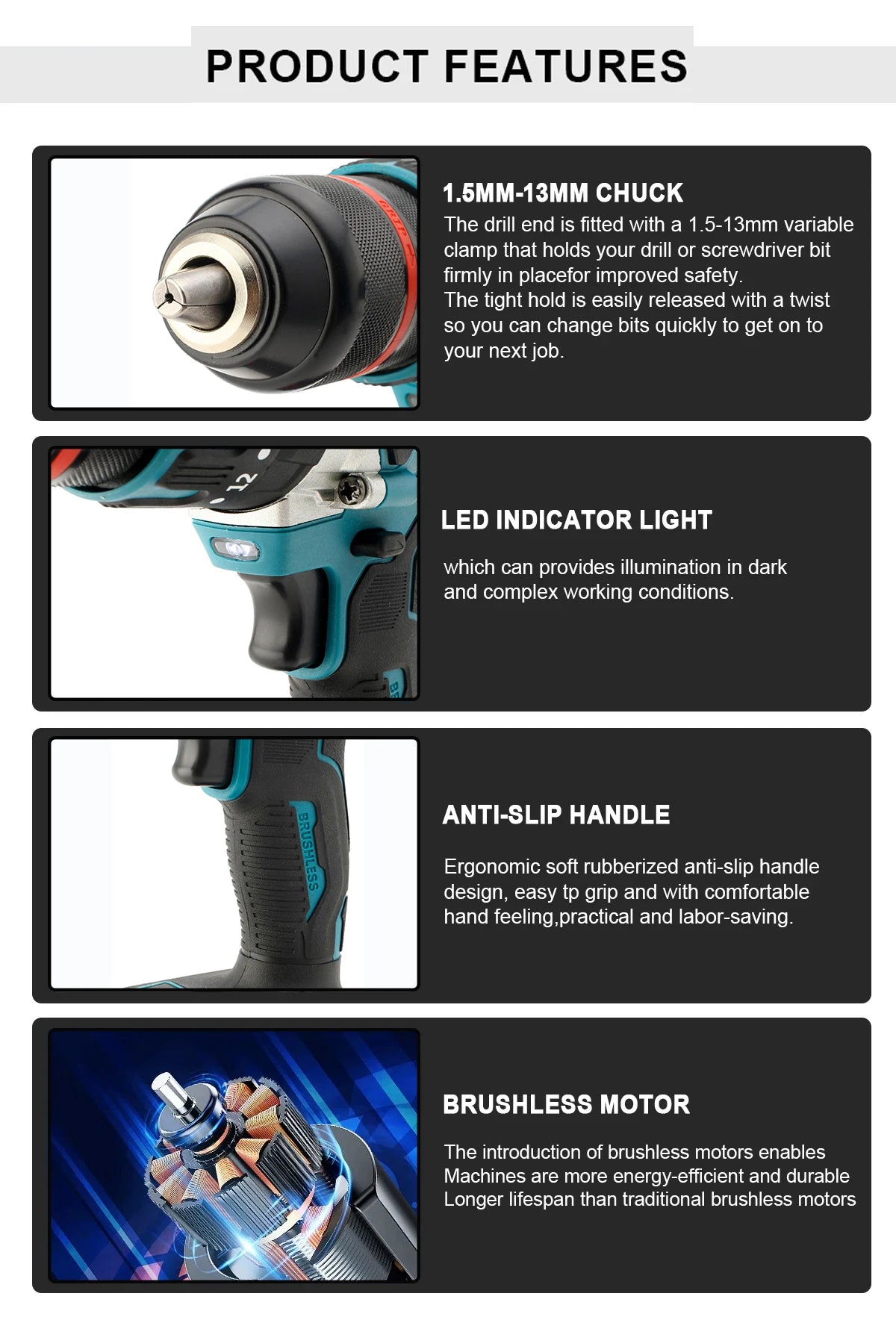 480N.M Brushless Electric Impact Drill 13mm Cordless Drill Electric Screwdriver DIY Driver Power Tool for Makita 18V Battery Pin