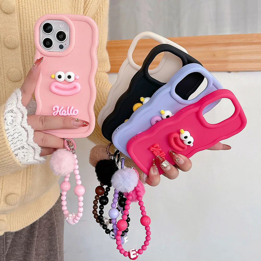 Cute Cartoon Wrist Chain Wave Case For Tecno Spark GO 1 2025 2024 2023 2022 2021 2020 Tecno Pop 6 GO 9 7 Pova 5 Pro 6 Neo Cover