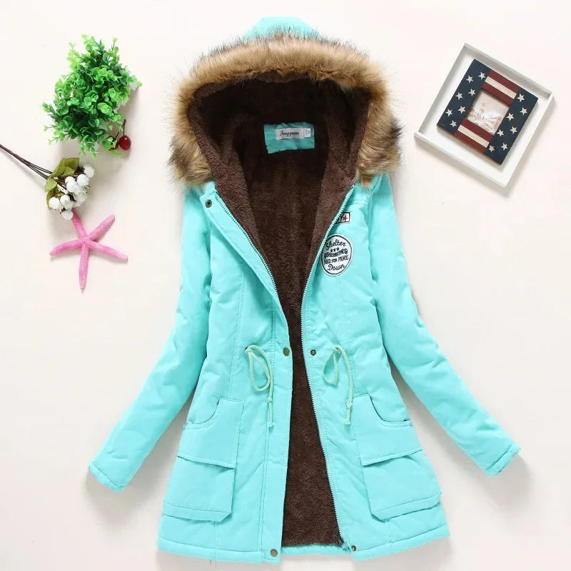 Korean Style Thickened Long Cotton Jacket Women's Winter Coat with Fleece Lining And Fur Collar Slim Fit plus Size Top