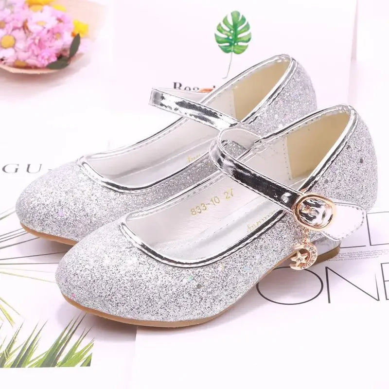 Girls High Heels Children's Leather Shoes Small Children Princess Single Shoes Sequins Students Dance Performance Gift