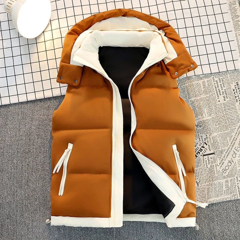Men's Color-Block Puffer Vest with Removable Hood - Zip Closure & Flap Pockets, Water-Resistant Warm for Winter Casual Outfits