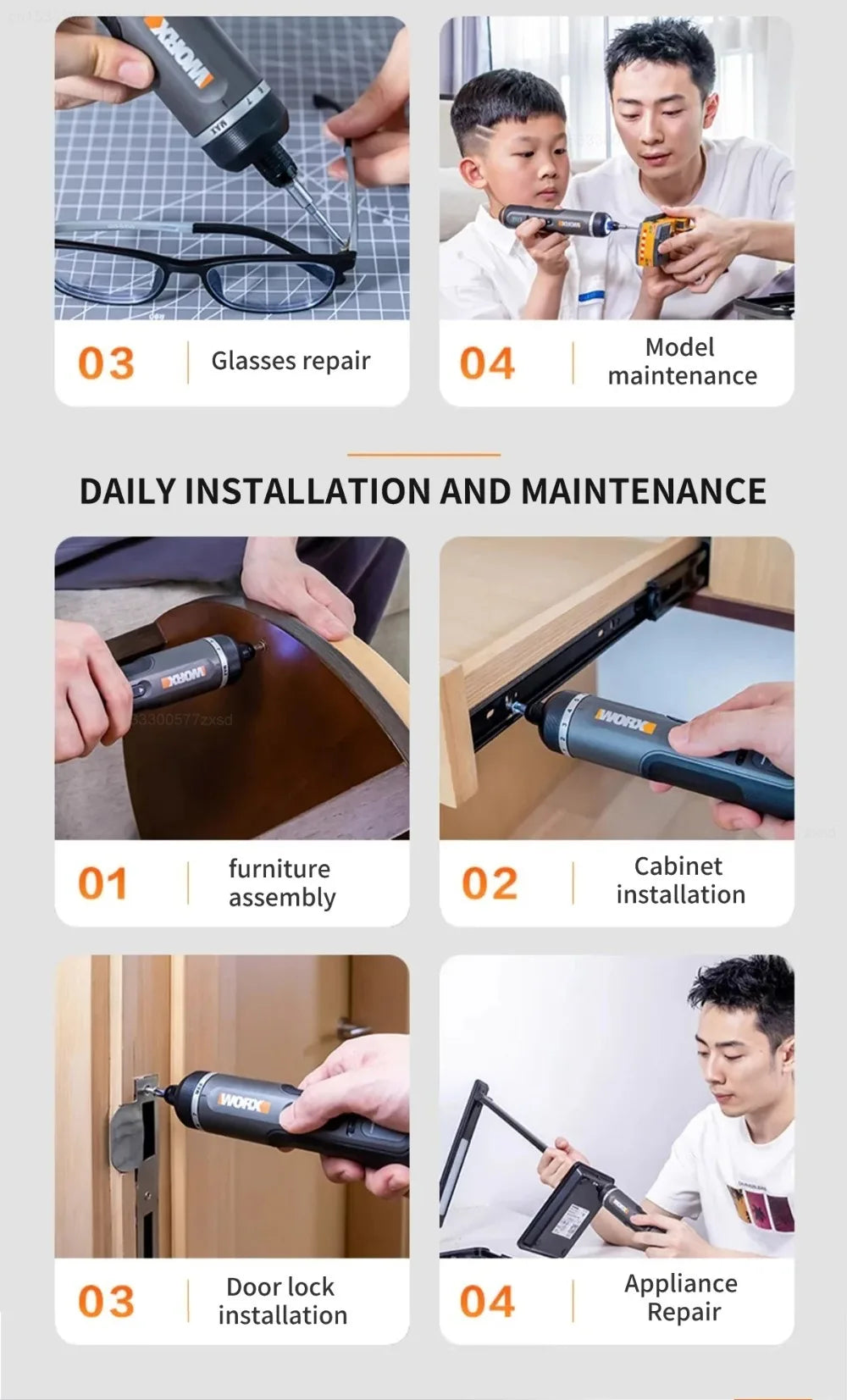 Worx 30 Bit Sets Power Tools WX242 Electrical Screwdriver Set Smart Cordless Drill Screwdrivers USB Rechargeable Set Home Repair