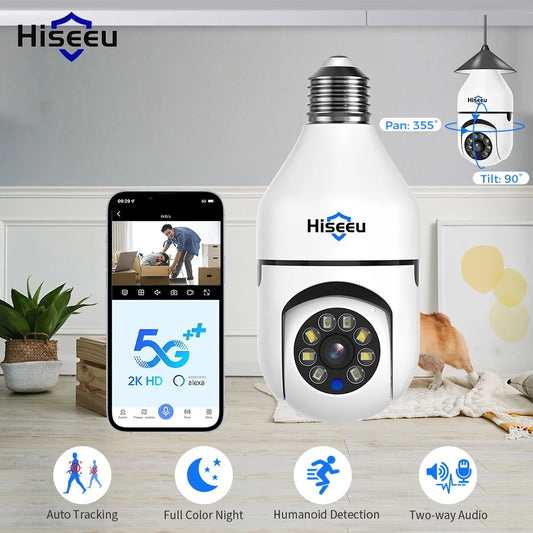 Hiseeu 3MP Wifi PTZ IP Camera E27 Light Bulb Camera Night Vision Auto Tracking Two-way audio Wireless CCTV Surveillance Security