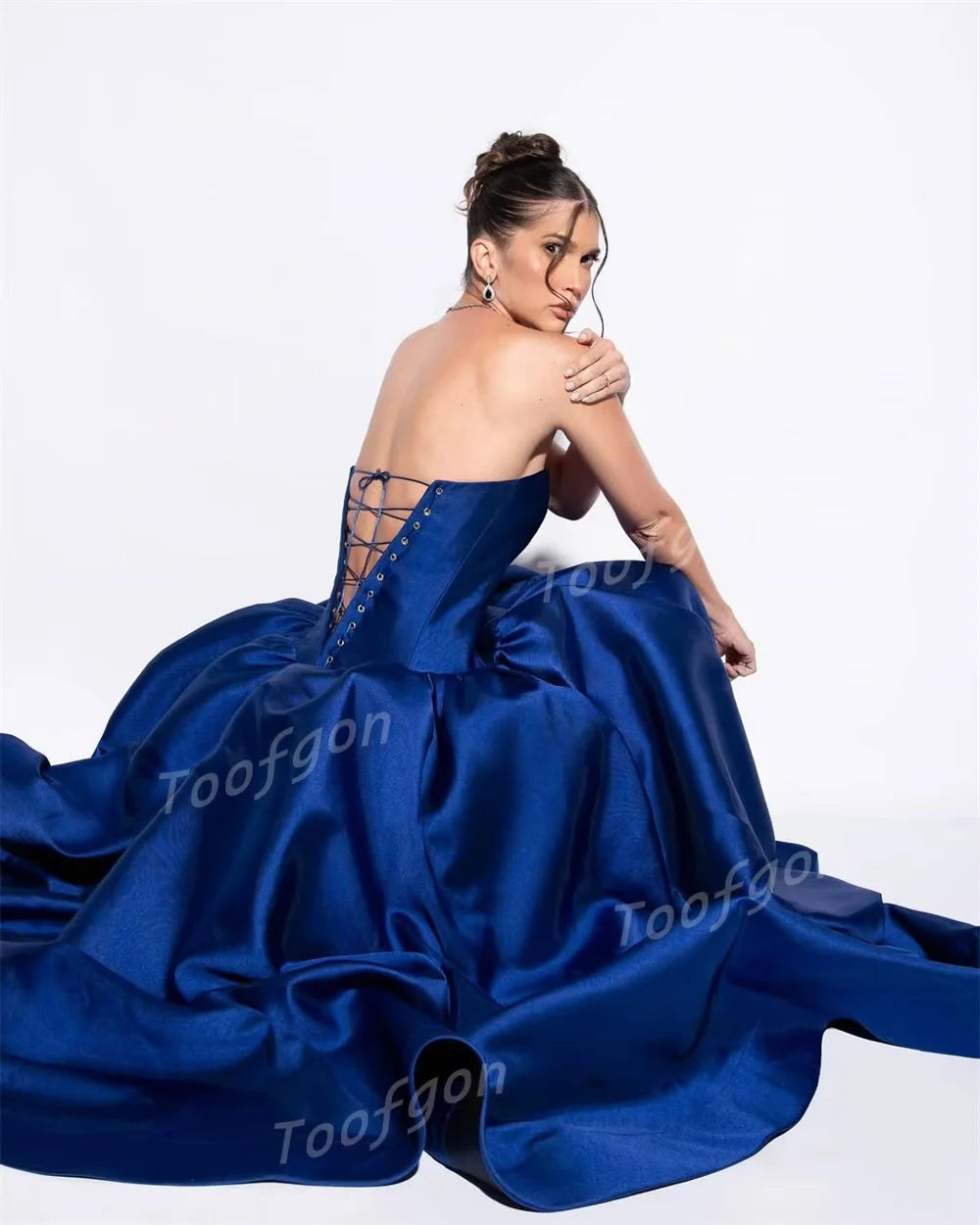Toofgon Classical Royal Blue Satin Prom Dresses Long A Line Formal Dresses Women Drop Waist Corset Vestidos De Noite Customized