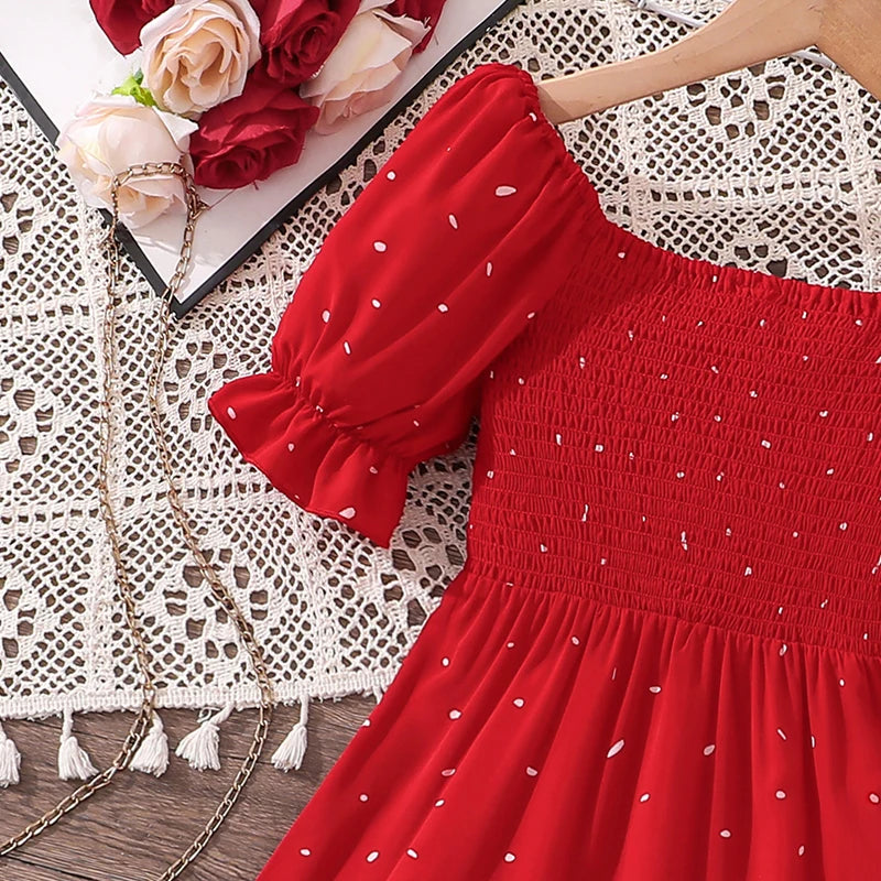 Elegant Square Neck Puff Sleeve Long Dress for 8-12 Year Old Girls Summer Sweet Ladylike Style Perfect for Valentine's Day