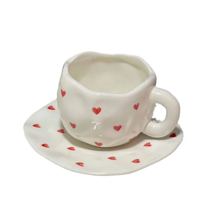 Cute Hand Pinch Irregular Painted Small Red Love Coffee Cup Plate Underglaze Ceramic Afternoon Tea Cup Plate Set