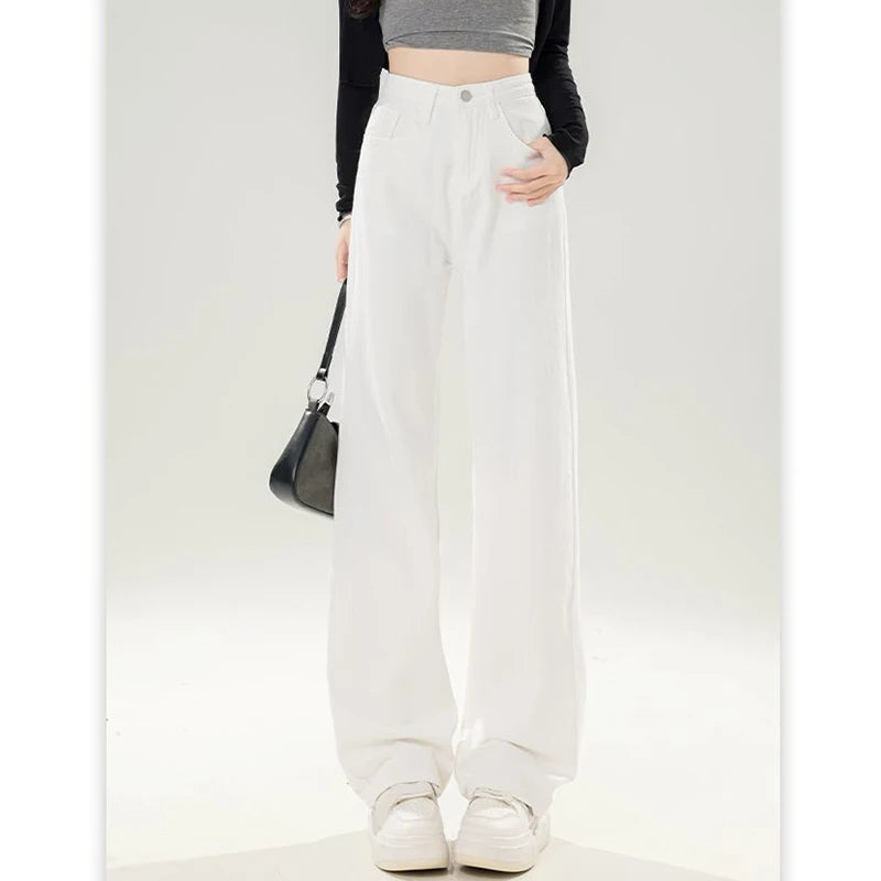 Lady Classic Designer High Waist Jeans Female Korean White Straight Leg Denim Trousers Women Comfortable Baggy Long Pants