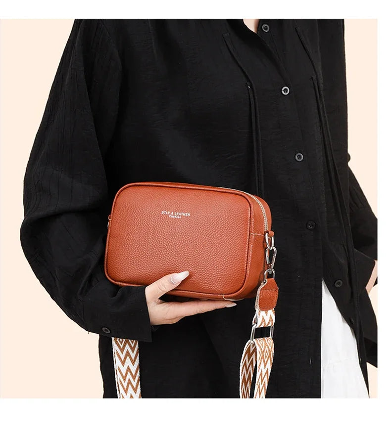 100% Genuine Leather Women Shoulder Bag 2025 New High Quality Cowhide Female Crossbody Bags Wide Shoulder Strap Girls Handbag