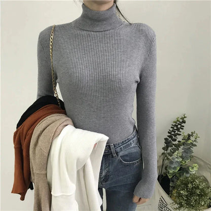 Autumn Winter Thick Sweater Women Knitted Ribbed Pullover Sweater Long Sleeve Turtleneck Slim Jumper Soft Warm Pull Femme