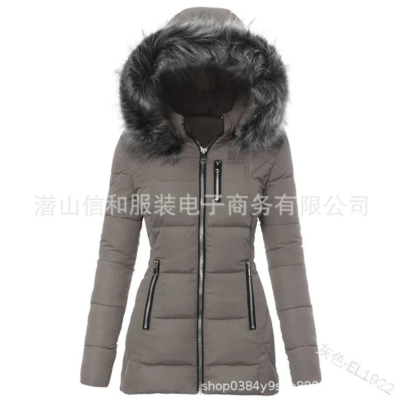 Women Parkas Jacket Cotton Coat Winter Thick Fur Collar Hooded Windproof Padded Jackets Outerwear Zipper Overcoat Office Lady