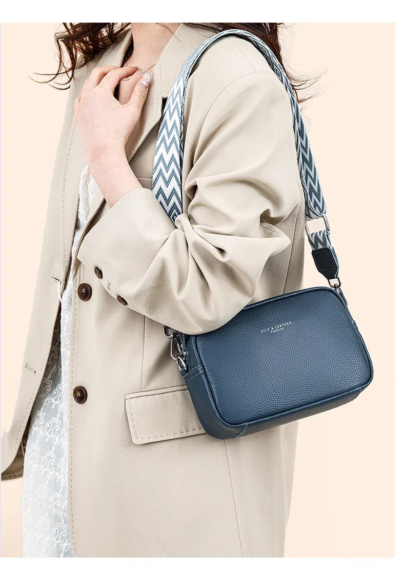 100% Genuine Leather Women Shoulder Bag 2025 New High Quality Cowhide Female Crossbody Bags Wide Shoulder Strap Girls Handbag