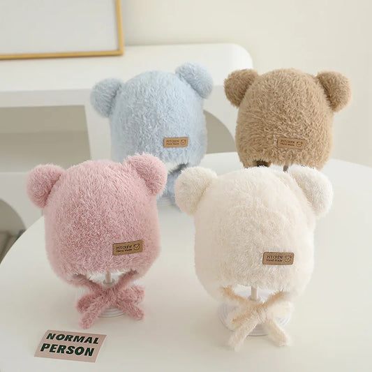 Baby Bear Ear Protection Hat Winter Plush Earmuffs Cap 1-3Year Boys Girls Toddler Warm Headgear Bonnet Solid Velvet Kids Beanies