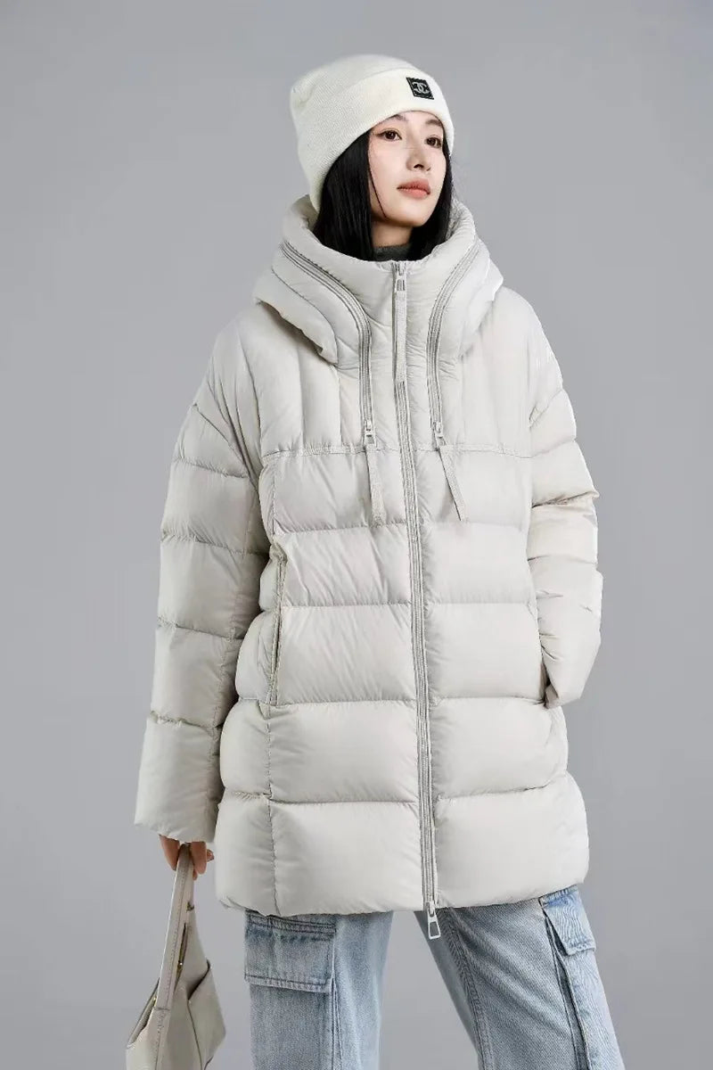 Winter Hooded Warm Mid Length Down Jacket Female Double Zipper Solid Parker Outwears Women 90% White Duck Down Loose Down Jacket