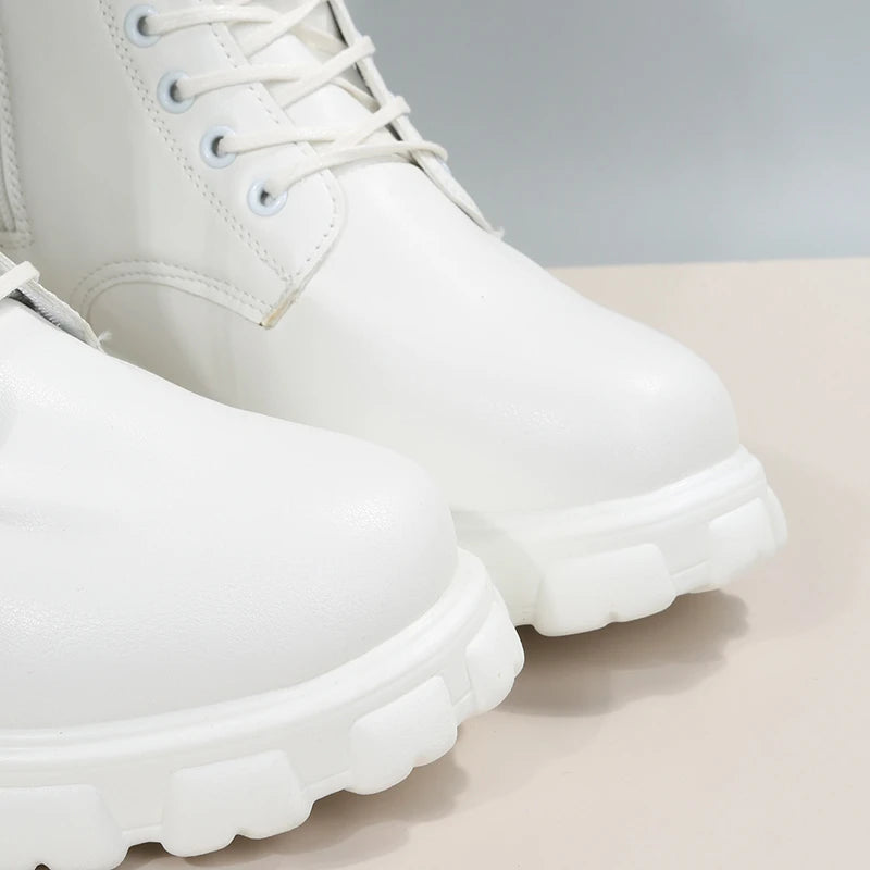 Boots Women 2022 Autumn Winter PU Leather White Ankle Boots Motorcycle Botines Female Chunky Heels Platform Boots Botas Mujer