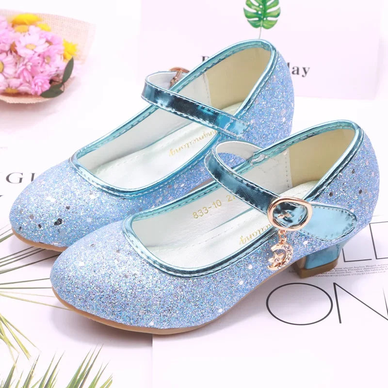 Girls High Heels Children's Leather Shoes Small Children Princess Single Shoes Sequins Students Dance Performance Gift