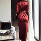 Elegant Satin Long Sleeve V-Neck Gown with Waist Belt Ankle-Length Dress Polished Autumn New Style Cross-Border Dress