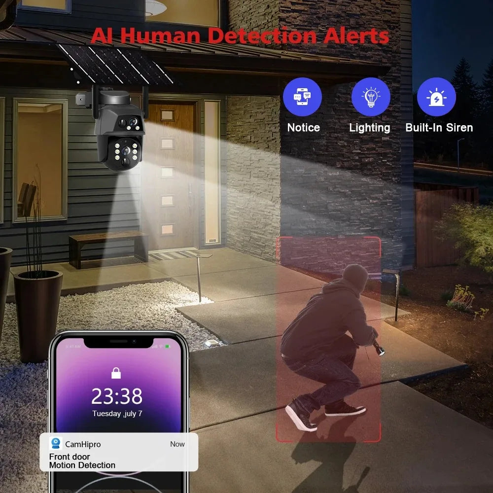 4G Solar Camera Outdoor Dual Lens 8MP 4K WiFi PTZ IP Security Camara With Solar Panel CCTV Built in Battery Auto Tracking Cam