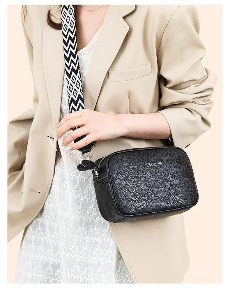 100% Genuine Leather Women Shoulder Bag 2025 New High Quality Cowhide Female Crossbody Bags Wide Shoulder Strap Girls Handbag