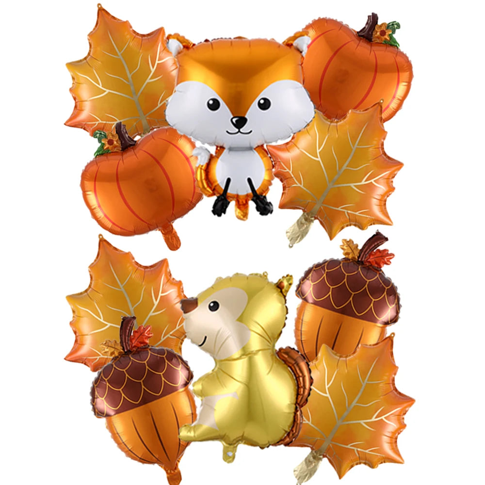 6Pcs Autumn Forest Animals Kids Birthday Party Decoration Squirrel Pine Cone Foil Balloon With 0-9 Number Ball Thanksgiving Gift