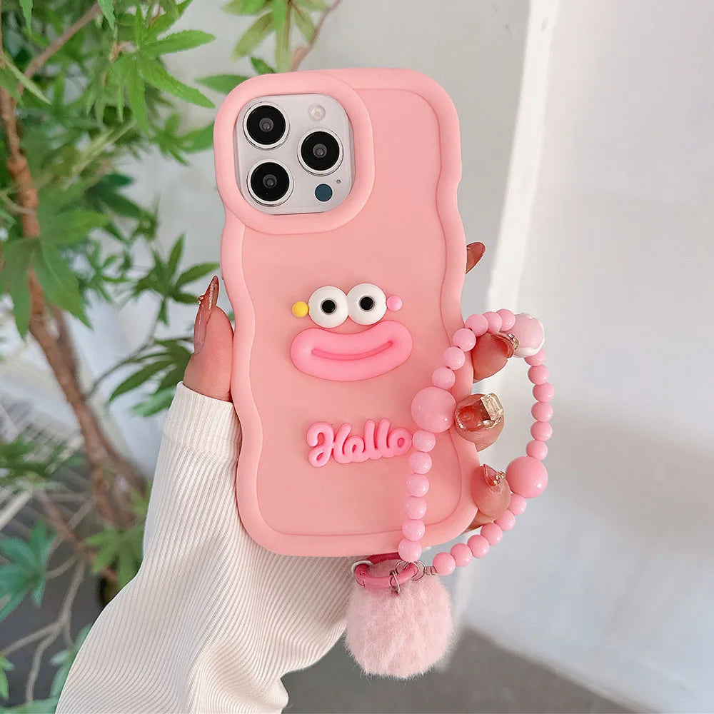 Cute Cartoon Wrist Chain Wave Case For Tecno Spark GO 1 2025 2024 2023 2022 2021 2020 Tecno Pop 6 GO 9 7 Pova 5 Pro 6 Neo Cover
