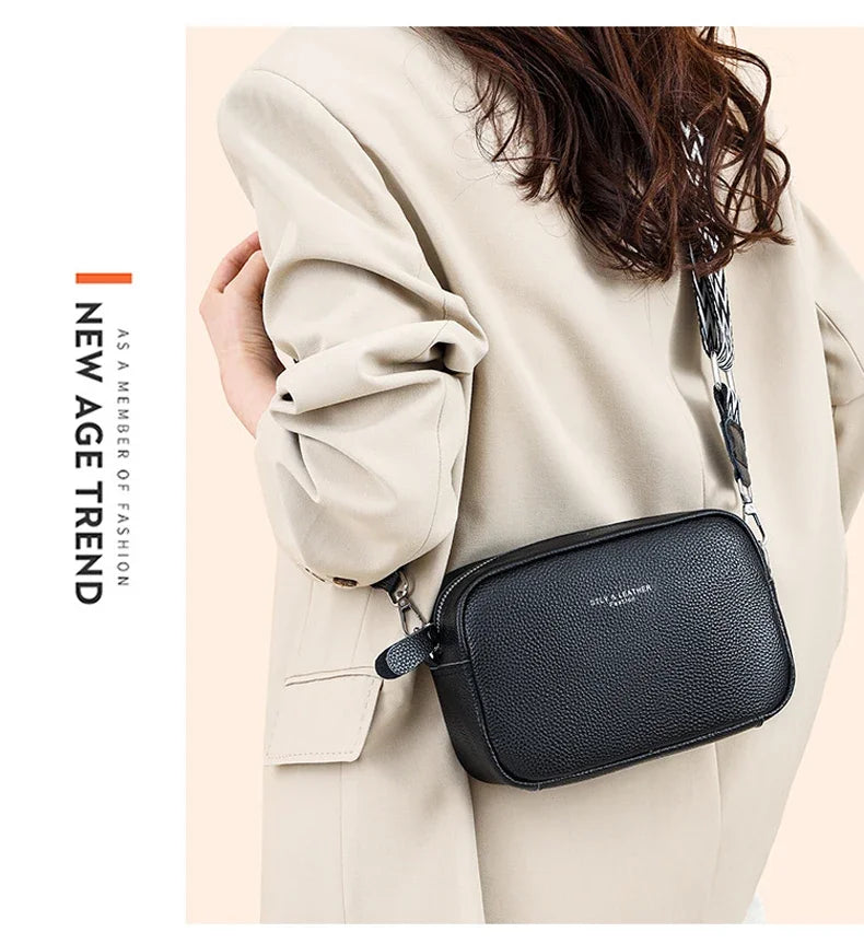 100% Genuine Leather Women Shoulder Bag 2025 New High Quality Cowhide Female Crossbody Bags Wide Shoulder Strap Girls Handbag