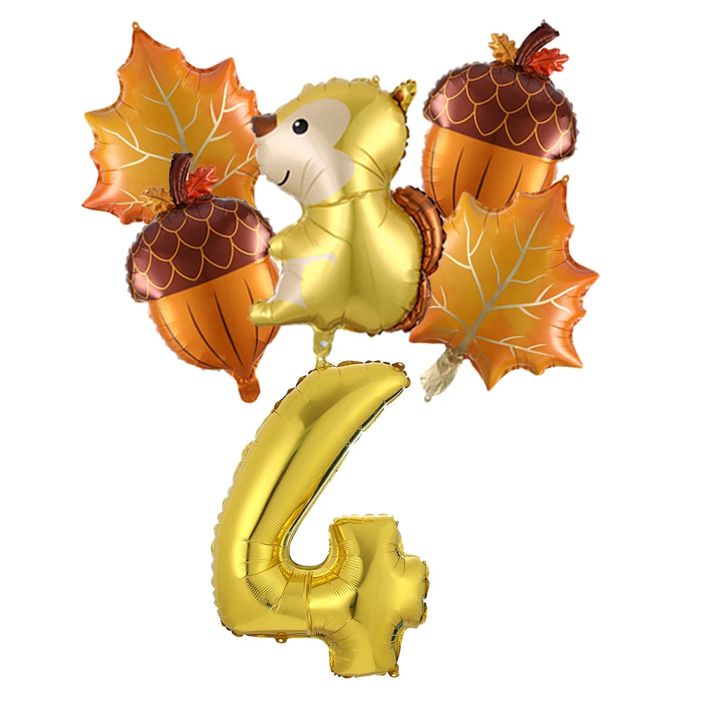 6Pcs Autumn Forest Animals Kids Birthday Party Decoration Squirrel Pine Cone Foil Balloon With 0-9 Number Ball Thanksgiving Gift