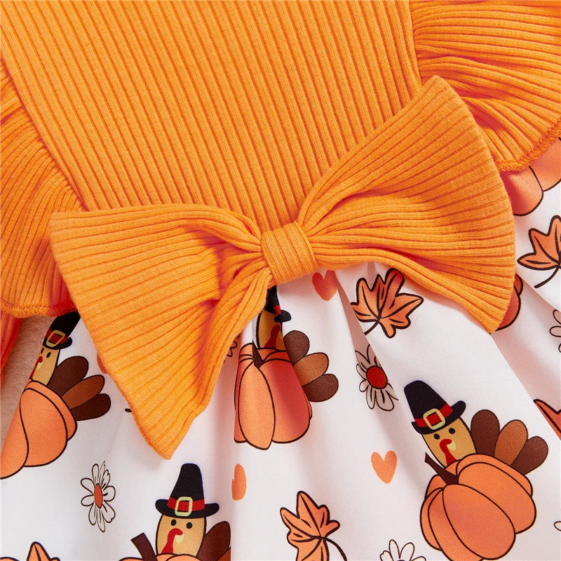 Toddler Infant Baby Girls 2Pcs Thanksgiving Outfits Long Sleeve Turkey Print Skirt Romper with Headband Set Newborn Clothes
