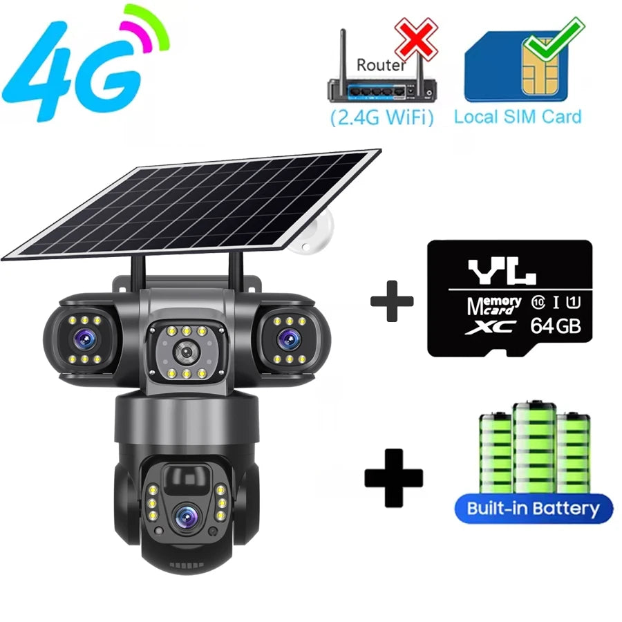 V380 Pro 3 Lens  IP Solar Camera HD 15 MP Outdoor Waterproof CCTV Night Vision Two-Way Audio Camera Mobile Tracking 4G IP Camera