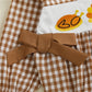 Autumn Baby Girl Thanksgiving Romper Bows Pumpkin Turkey Embroideried Plaid Ruffled Trim Crew Neck Long Sleeve Jumpsuit
