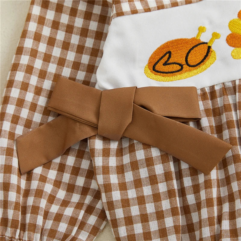 Autumn Baby Girl Thanksgiving Romper Bows Pumpkin Turkey Embroideried Plaid Ruffled Trim Crew Neck Long Sleeve Jumpsuit