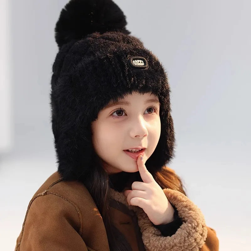 Kids Winter Hat with Ear Flaps Hat with Furry Pom-Pom & Plush Lining - Soft Warm Beanie for Boys & Girls for & 4-10 Y