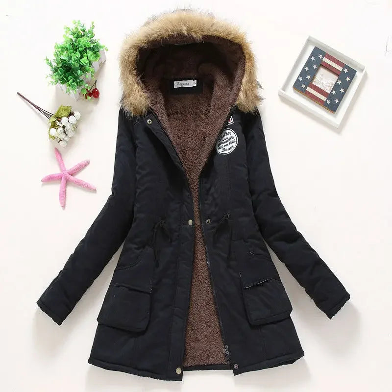 Korean Style Thickened Long Cotton Jacket Women's Winter Coat with Fleece Lining And Fur Collar Slim Fit plus Size Top
