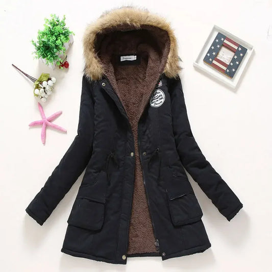 Korean Style Thickened Long Cotton Jacket Women's Winter Coat with Fleece Lining And Fur Collar Slim Fit plus Size Top