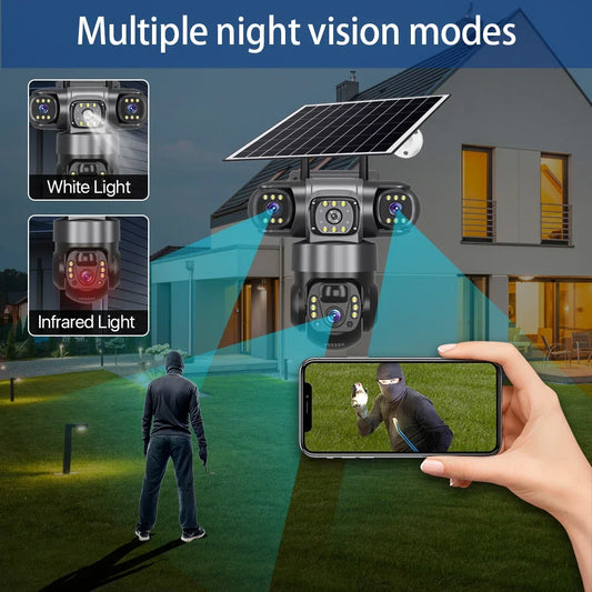 V380 Pro 3 Lens  IP Solar Camera HD 15 MP Outdoor Waterproof CCTV Night Vision Two-Way Audio Camera Mobile Tracking 4G IP Camera