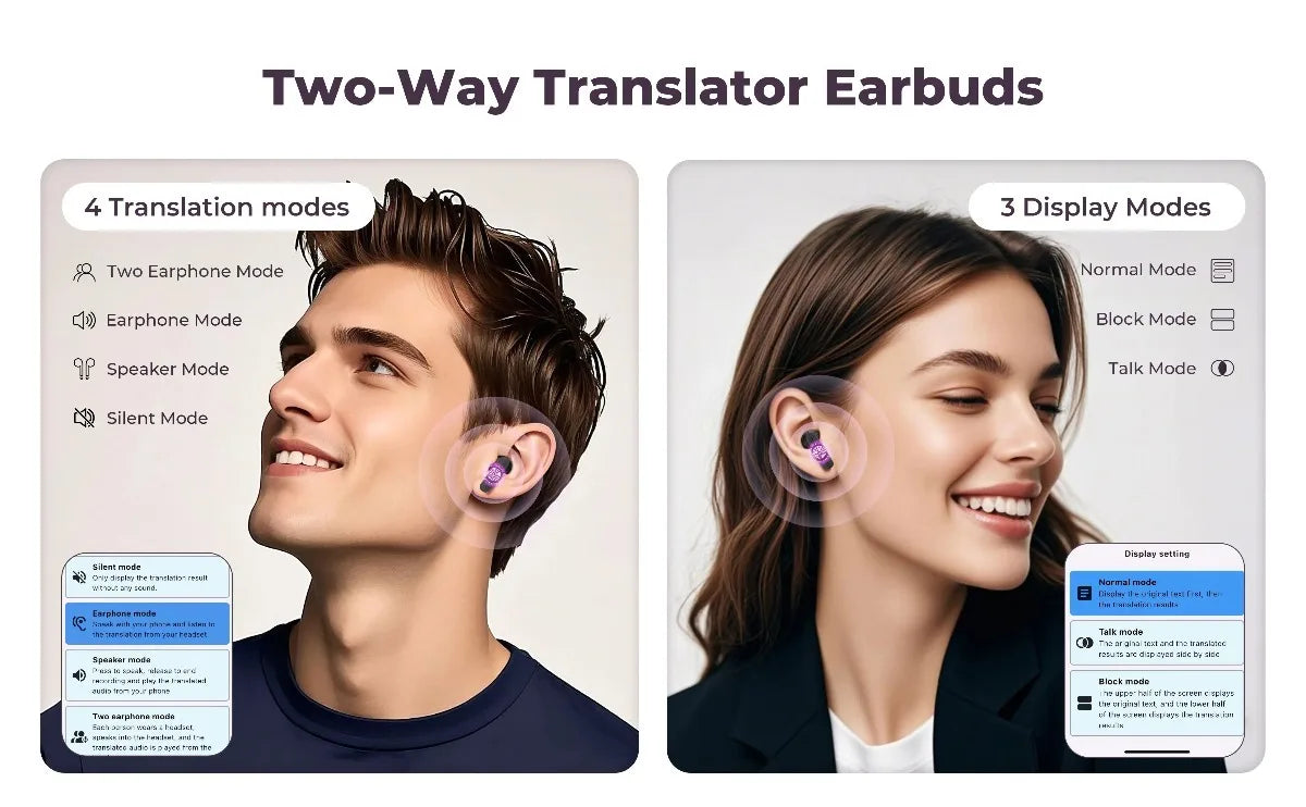Real Time Translators Headphones with Smart Touch Screen 144 Language Translator Earbuds Noise Canceling Wireless Travel Headset