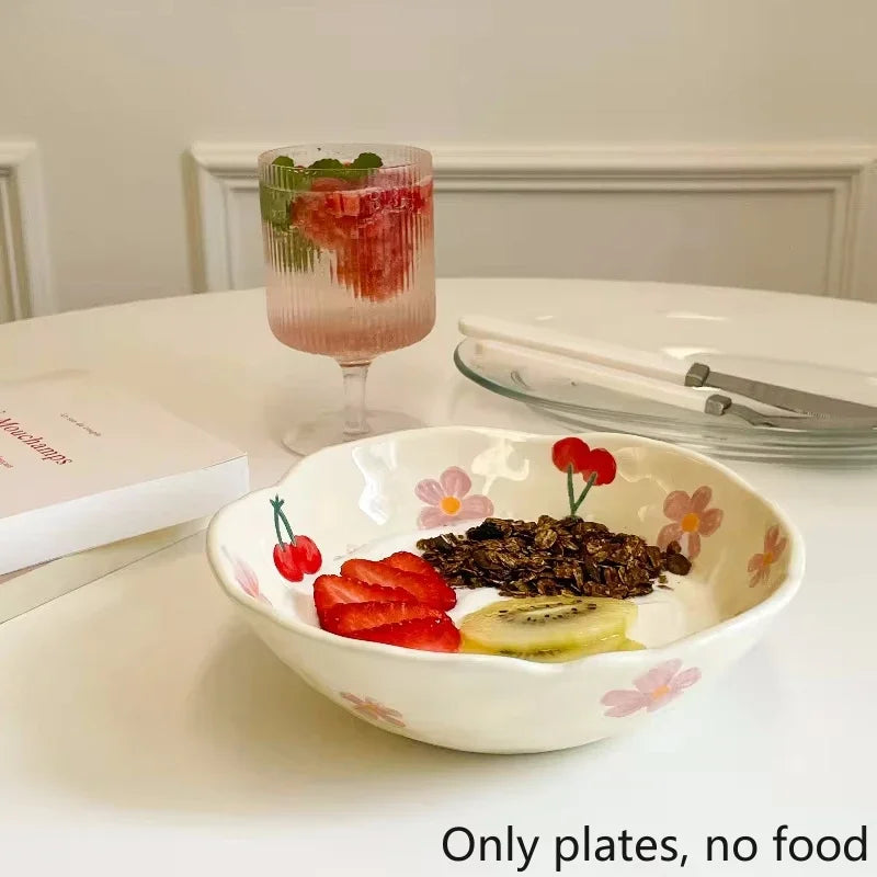 1PCS Ceramic Salad Bowl Hand Pinched Irregular Ins Korean Style Cream Yellow Yogurt Bowl Oatmeal Breakfast Plates Flower Bowl