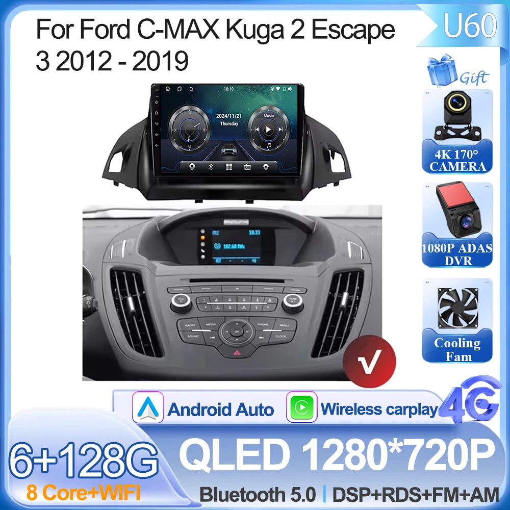 For Ford C-MAX Kuga 2 Escape 3 2012 - 2019 Android 15 Car Radio Multimedia Video Player Navigation Carplay Auto BT 2DIN DVD 5G