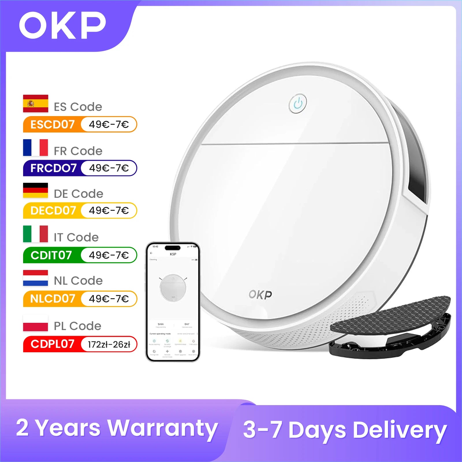 OKP K5P Robot Vacuum Cleaner, 5000Pa, 180 Mins, WiFi/App, Slim Design, Self-Charging, Perfect for Hard Floors, Pet Hair, Carpets